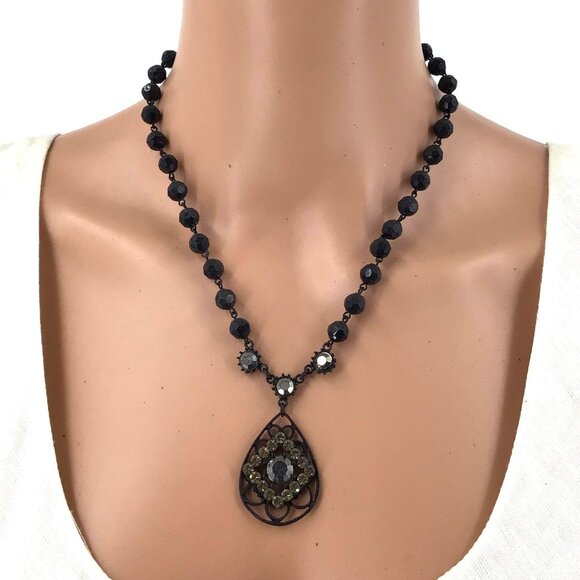 Vintage Robert Rose Necklace Black Beaded Rhinestone Pendant Adjustable Length - Picture 1 of 2